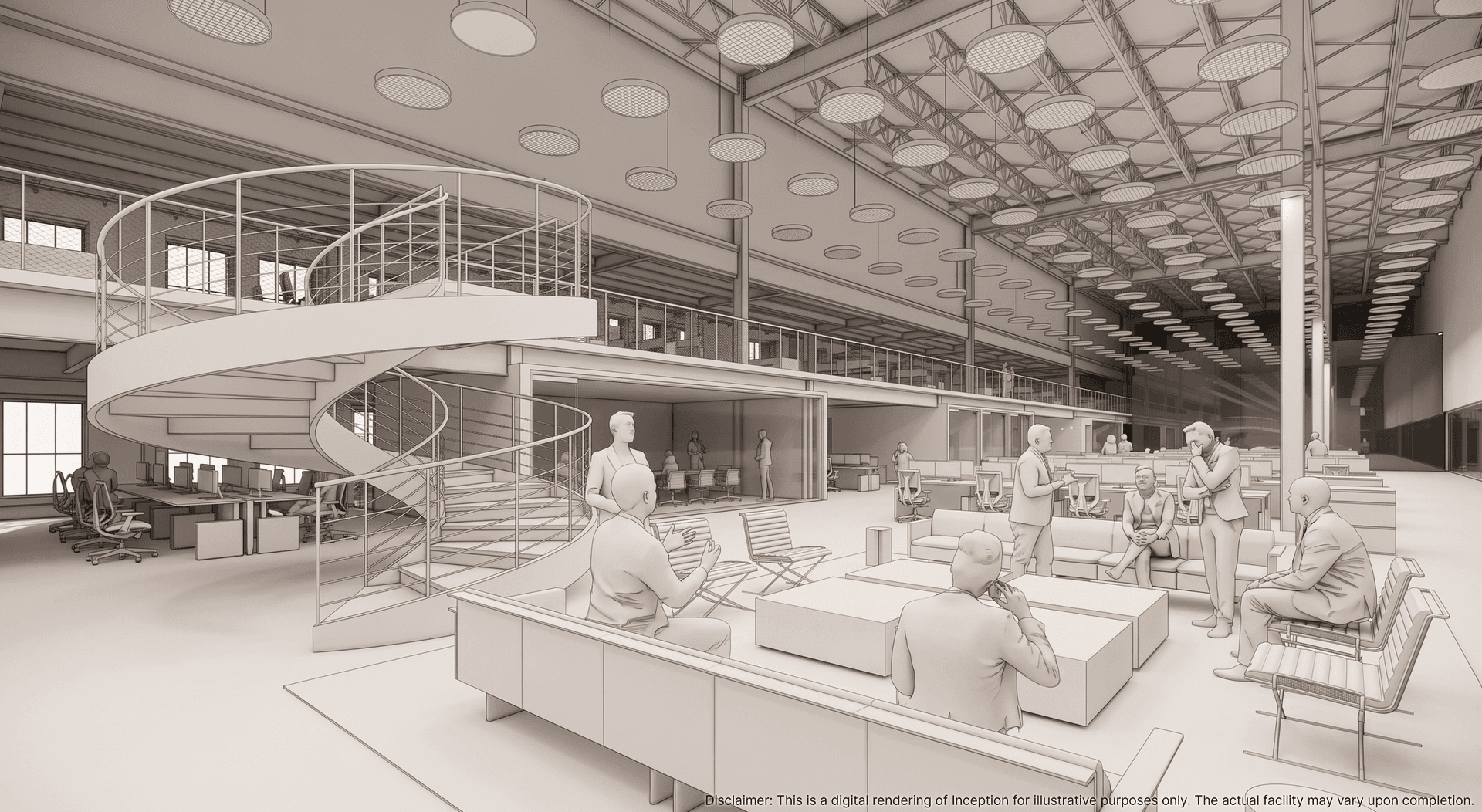 Digital rendering of the Inception atrium with a spiral stair and open workspace